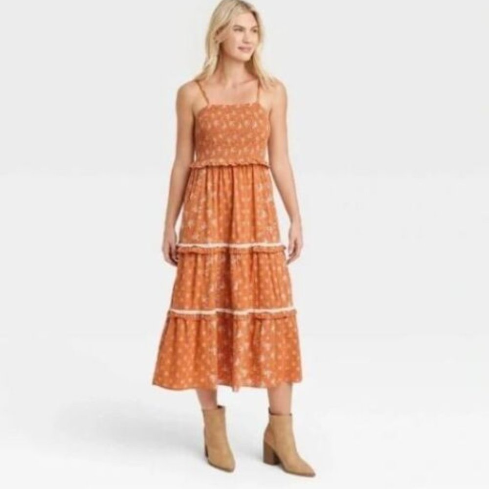 BOGO Universal Thread Orange Floral Smocked Tiered Midi Dress Size Small